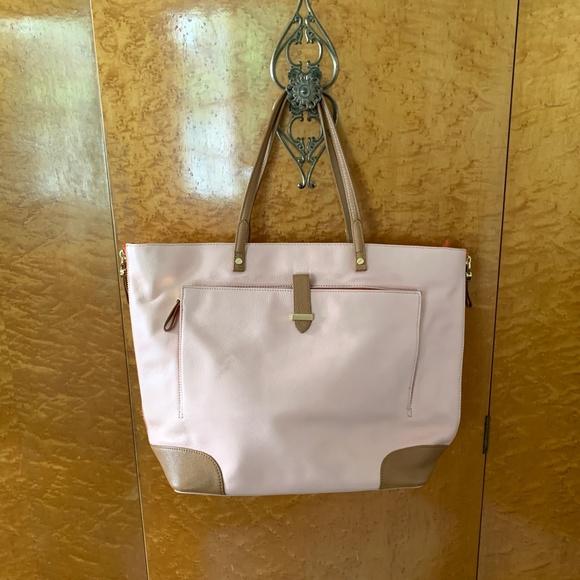 Tory Burch Pink Tan Orange Zip Leather Shoulder Work Tote Bag - Picture 3 of 9